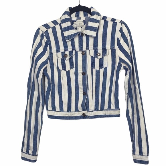Forever 21 Blue Ivory Stripe Denim Jacket - Picture 1 of 9